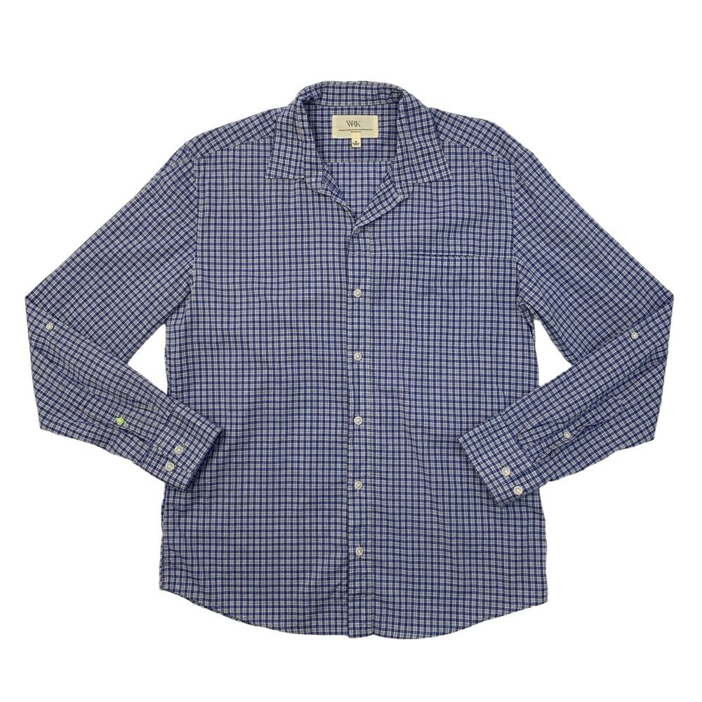 Work Rest Karma Shirt Mens M Medium Blue Plaid Dress Long Sleeve Cotton Work WRK